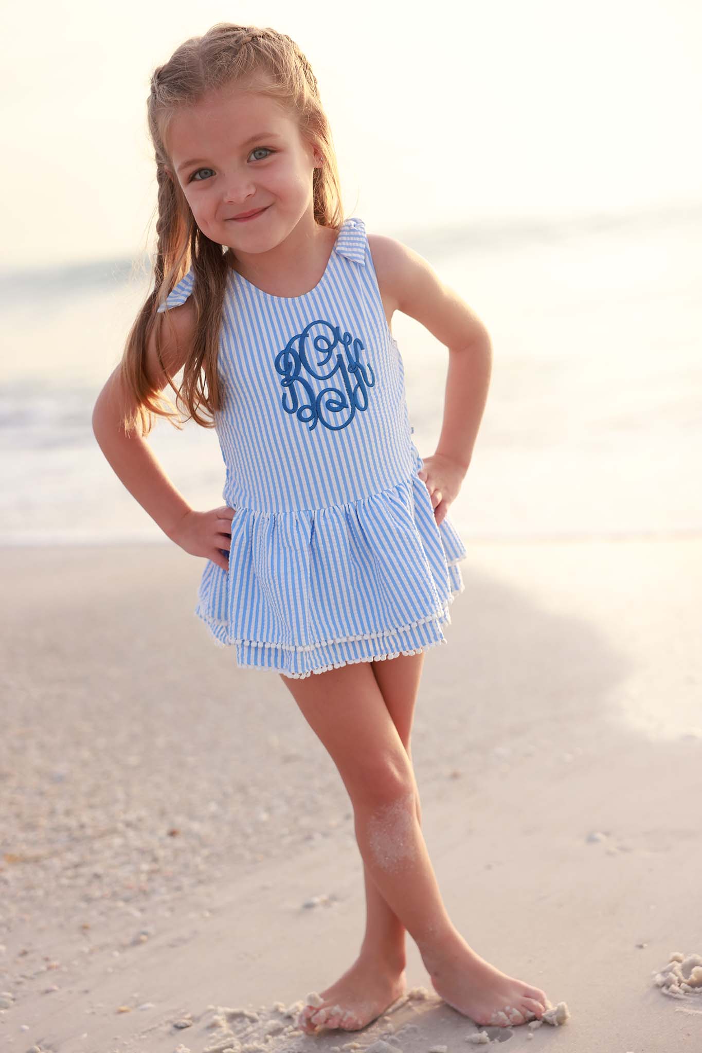 Tiered Skirt with White Pom Trim | Seersucker Blue