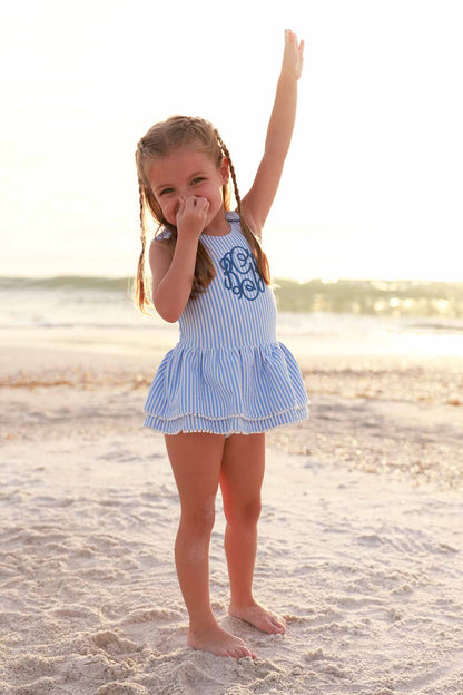 Tiered Skirt with White Pom Trim | Seersucker Blue