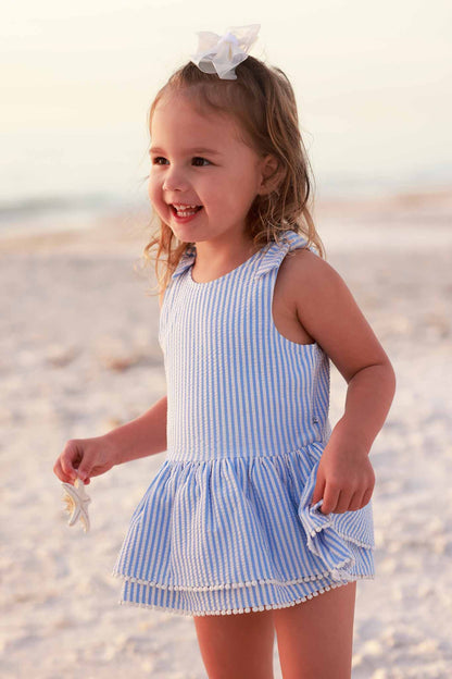 Tiered Skirt with White Pom Trim | Seersucker Blue