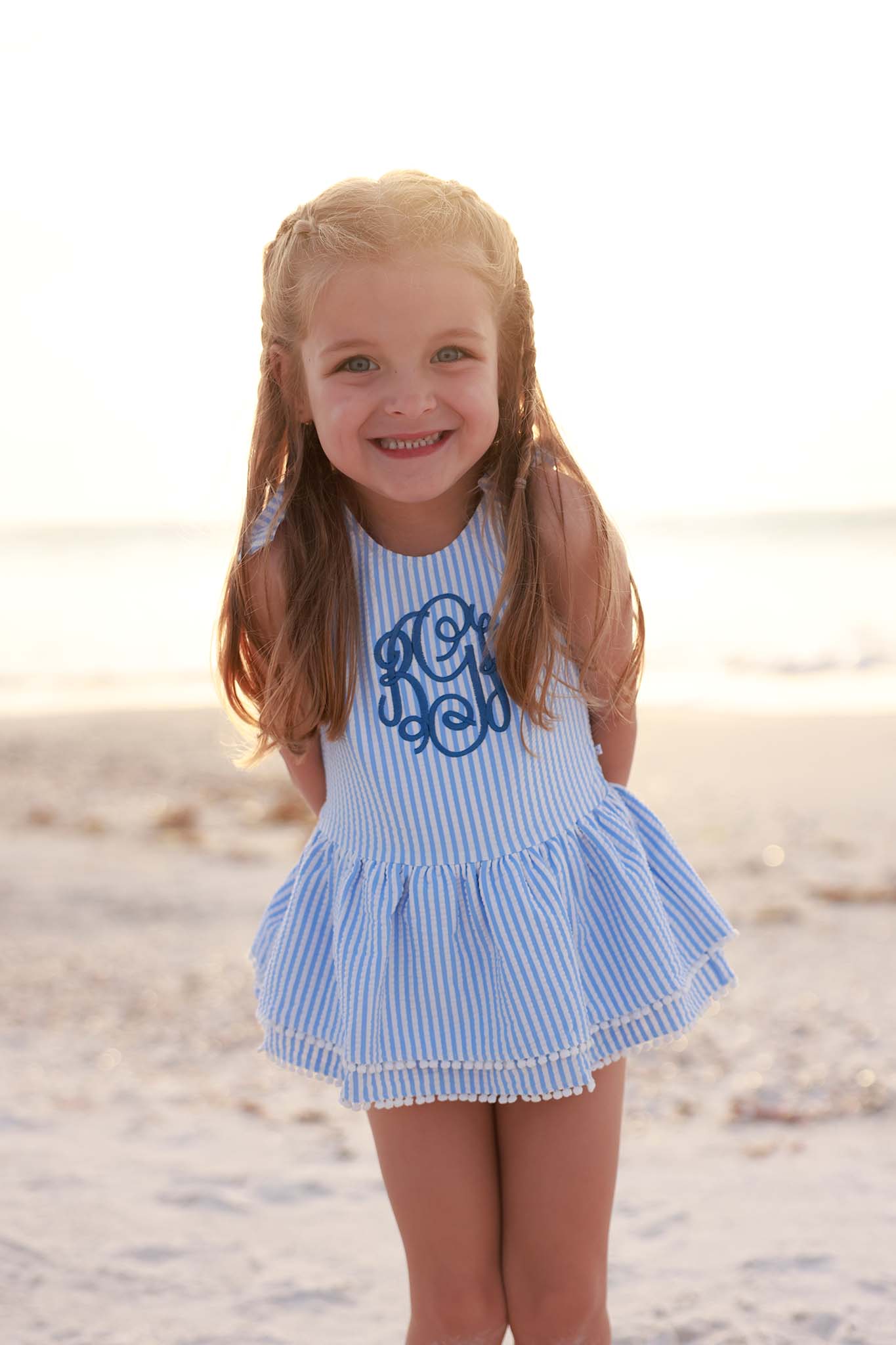 Tiered Skirt with White Pom Trim | Seersucker Blue