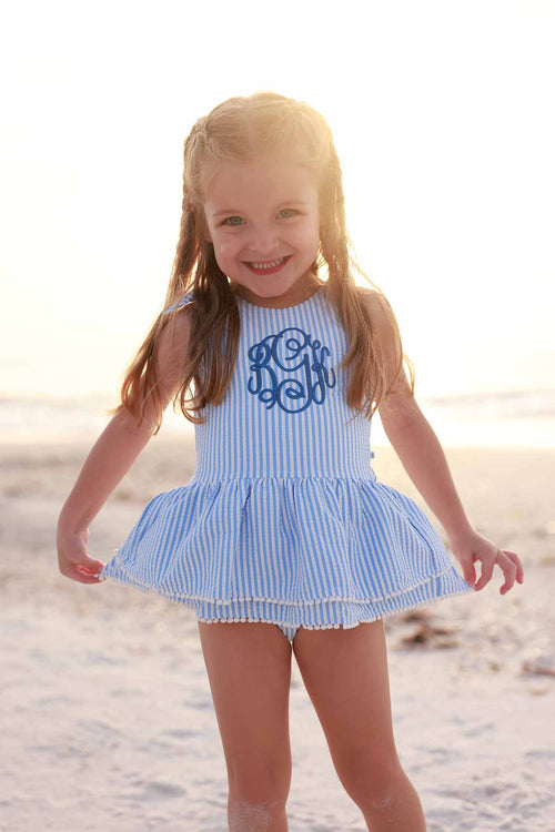 Tiered Skirt with White Pom Trim | Seersucker Blue