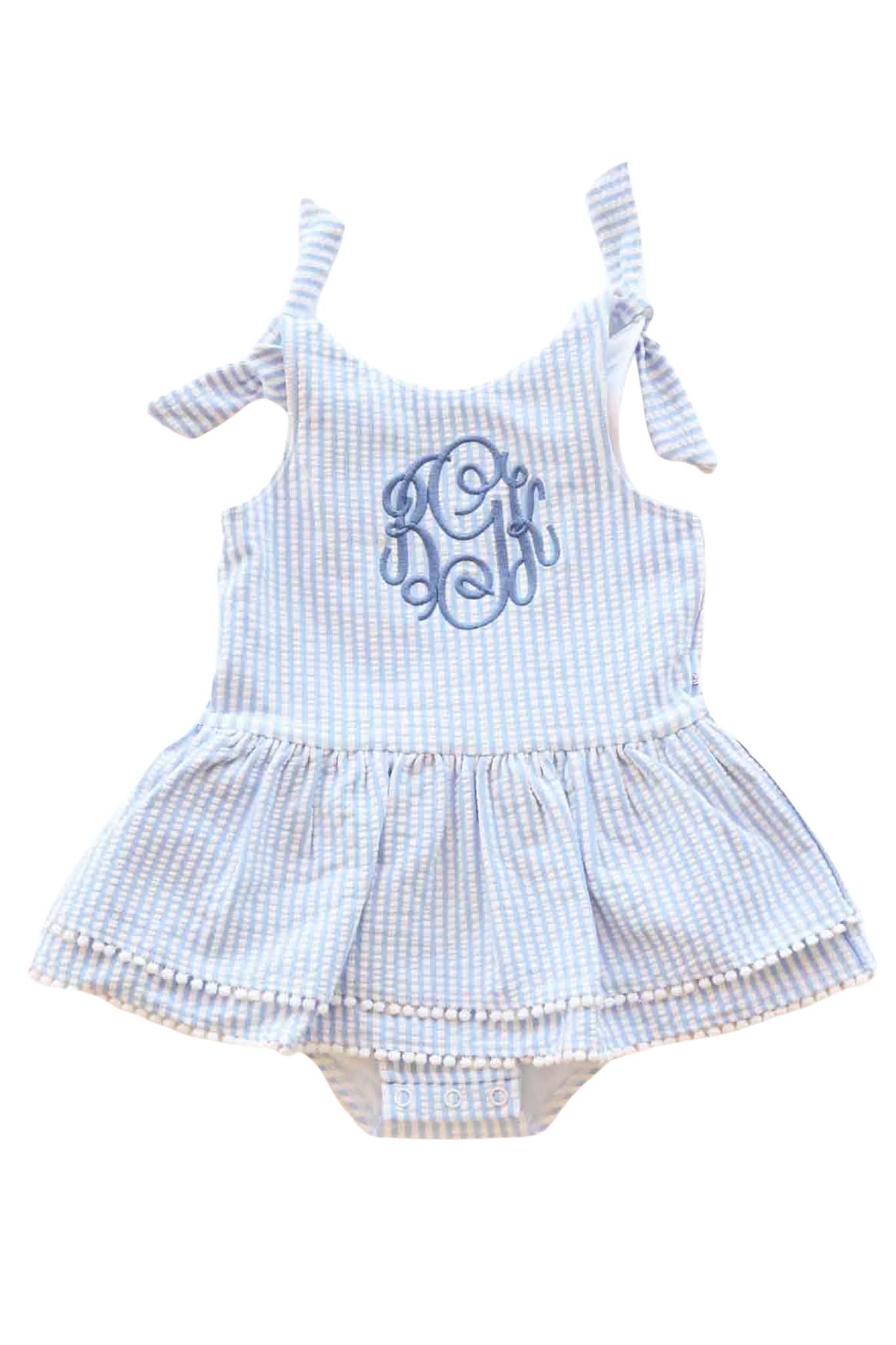 Tiered Skirt with White Pom Trim | Seersucker Blue