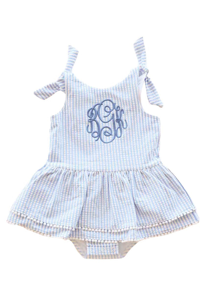 Tiered Skirt with White Pom Trim | Seersucker Blue