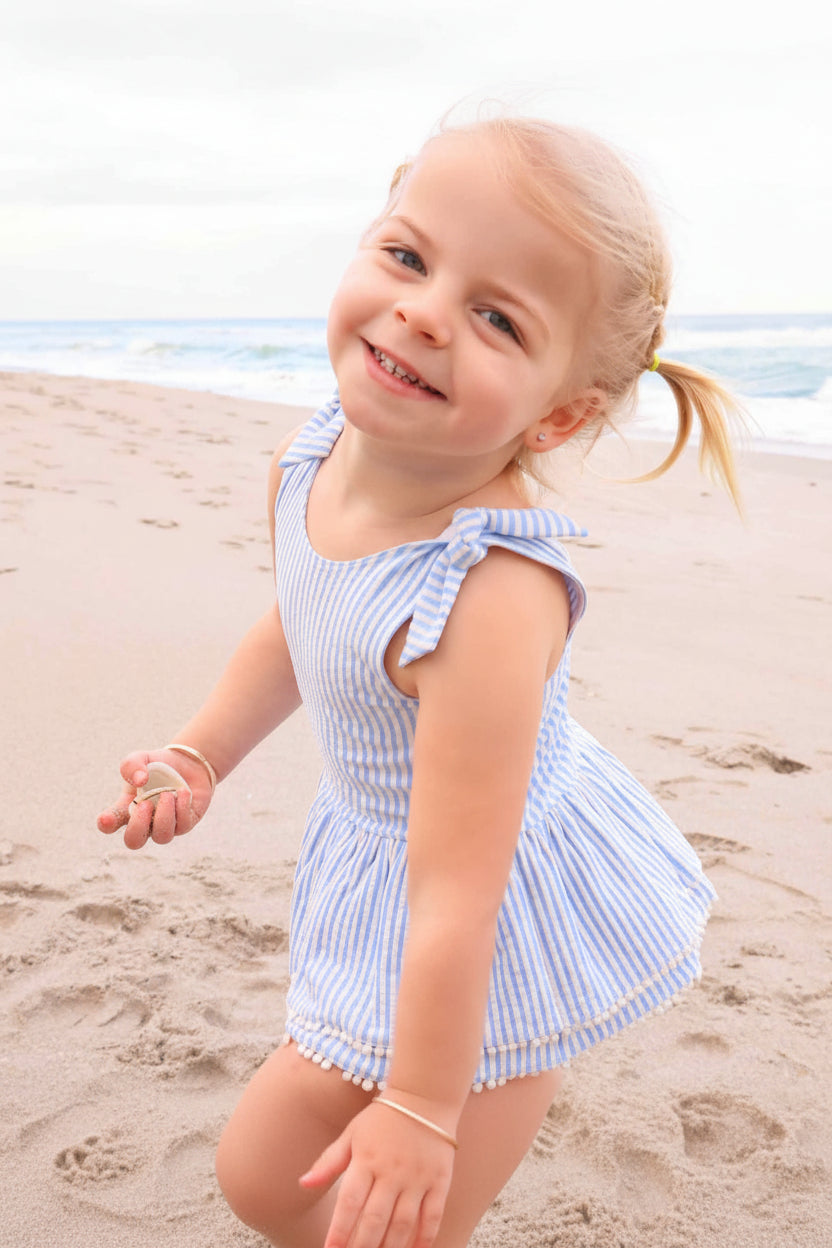 Tiered Skirt with White Pom Trim | Seersucker Blue