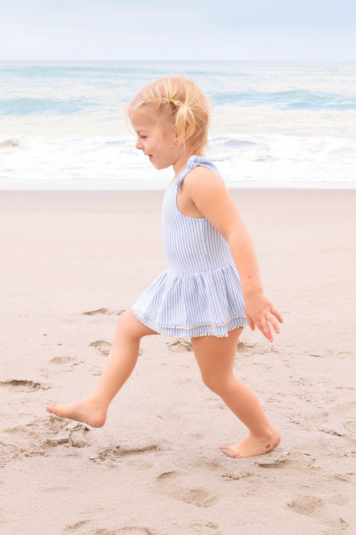 Tiered Skirt with White Pom Trim | Seersucker Blue