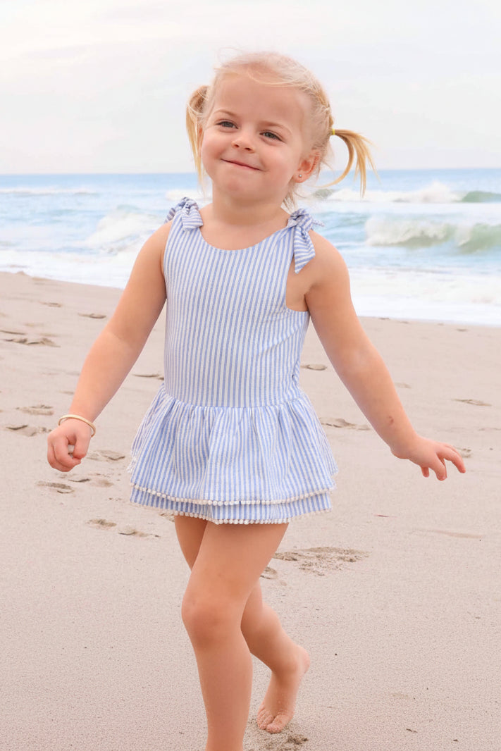 Tiered Skirt with White Pom Trim | Seersucker Blue