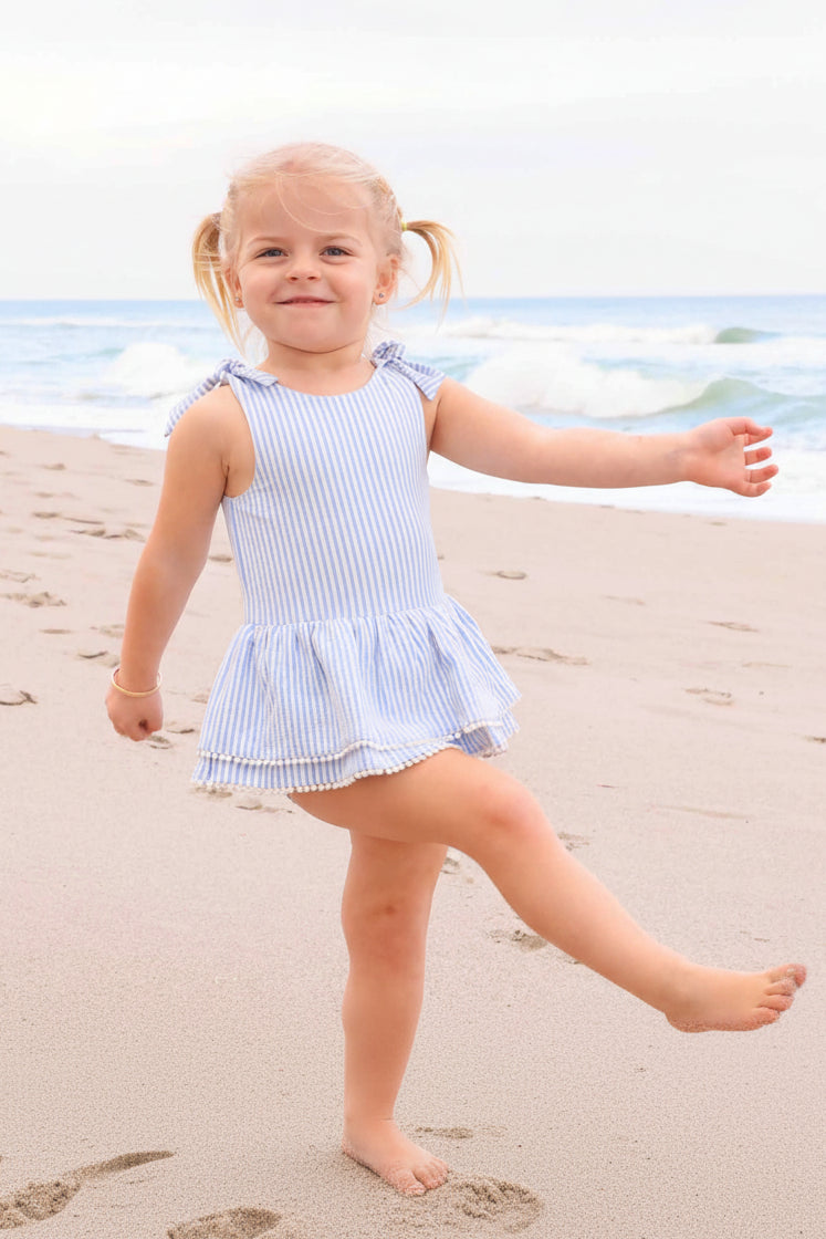 Tiered Skirt with White Pom Trim | Seersucker Blue