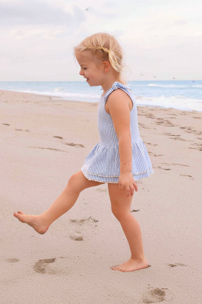 Tiered Skirt with White Pom Trim | Seersucker Blue