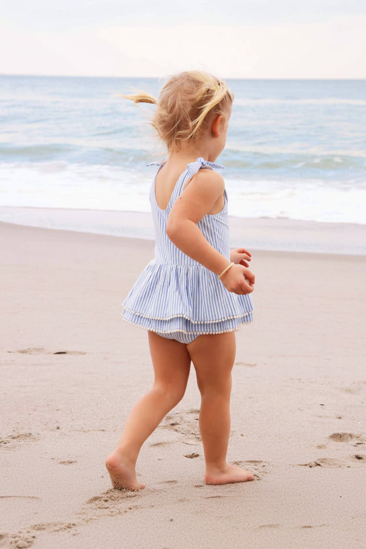 Tiered Skirt with White Pom Trim | Seersucker Blue