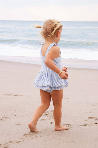 Tiered Skirt with White Pom Trim | Seersucker Blue
