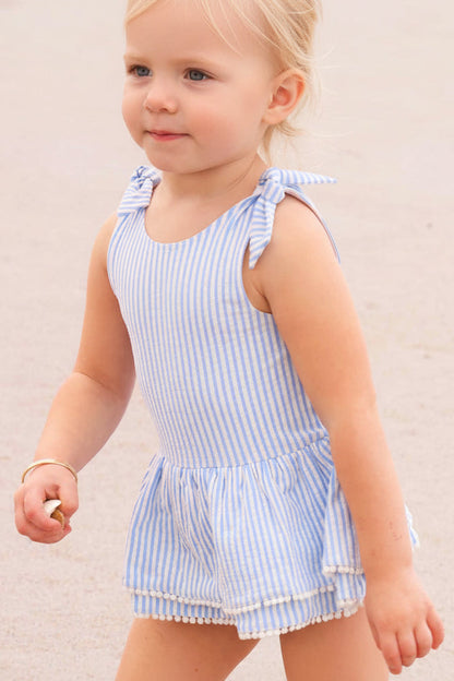 Tiered Skirt with White Pom Trim | Seersucker Blue