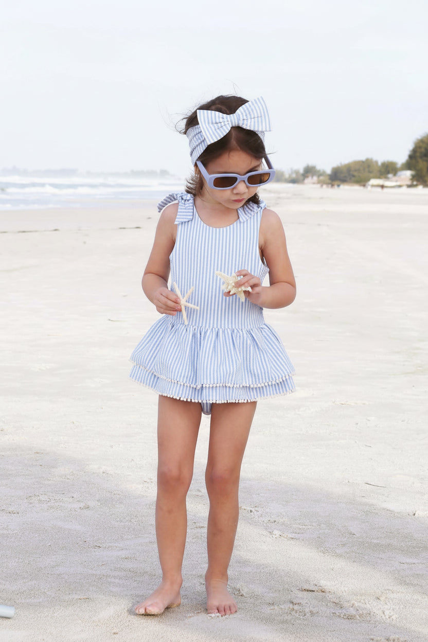 Tiered Skirt with White Pom Trim | Seersucker Blue
