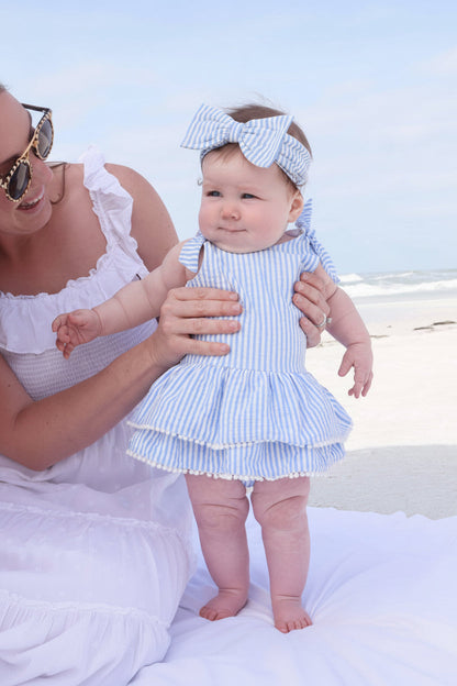 Tiered Skirt with White Pom Trim | Seersucker Blue