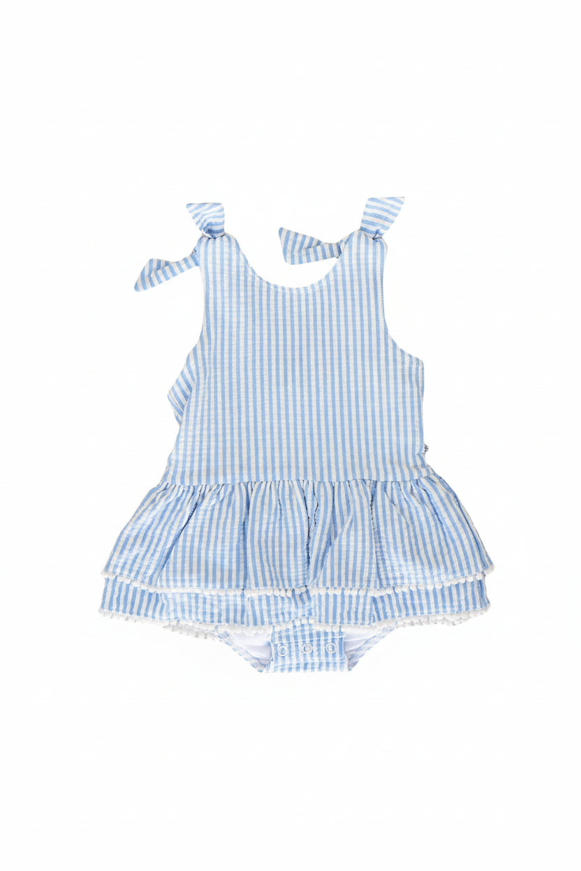 Tiered Skirt with White Pom Trim | Seersucker Blue